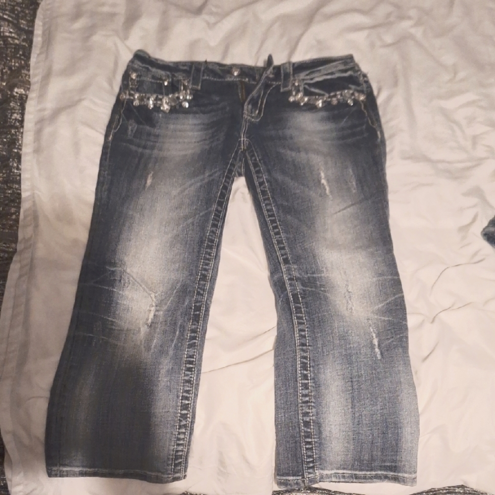 Distressed Denim Jeans capris with Rhinestone Accents